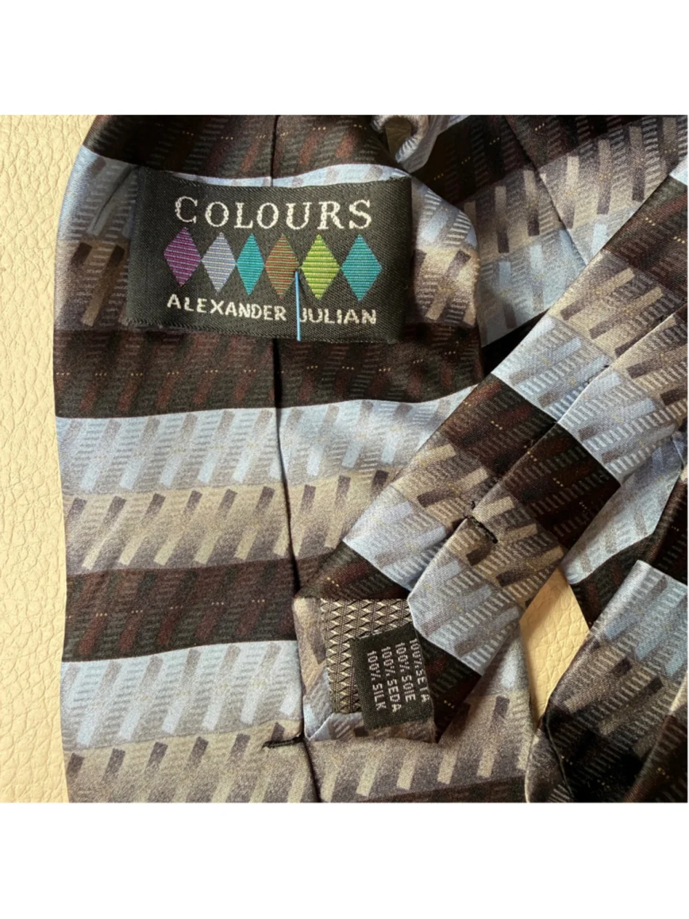 Vintage Colours Alexander Julian Tie Blue Black Gray Geometric Stripe Necktie